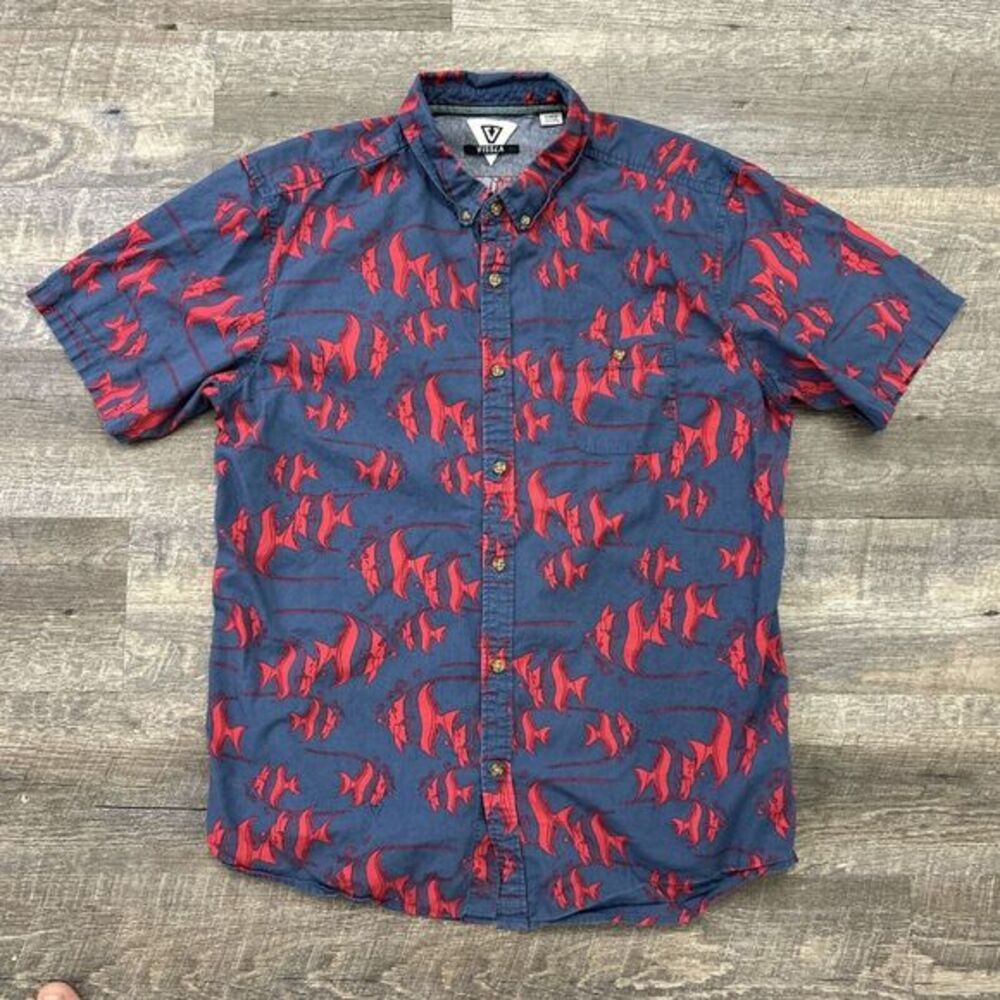 Vissla Shirt Mens XL Blue Button‎ Up Trpoical Fish Print Preppy Beach Vibes Surf